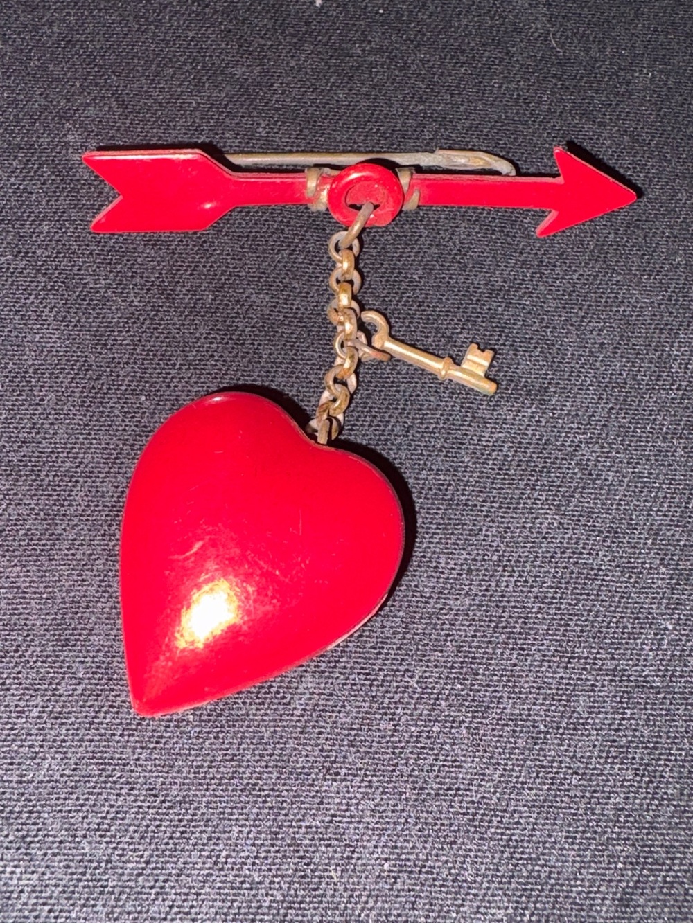 Red Heart Arrow Brooch with Key Charm